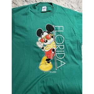 Walt Disney Mickey Mouse Florida Velva Sheen T-Shirt Size L USA Vintage Green